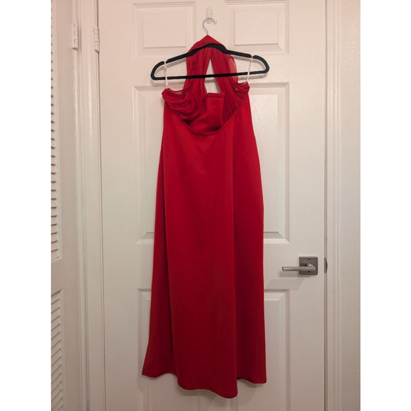 ASOS Design made in Romania Red Midi Dress sheer halter front slit stretch Sz 14 - Picture 3 of 5